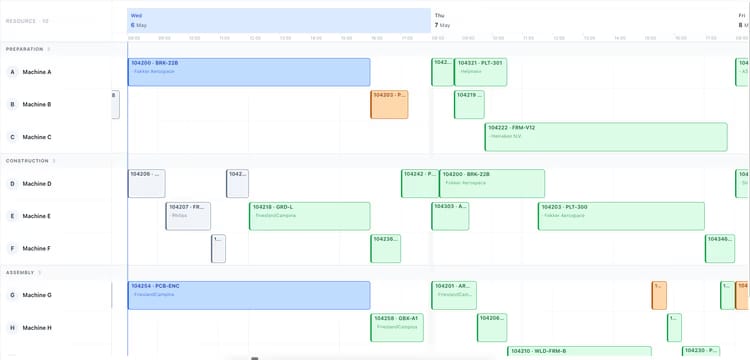 Production planning board with orders scheduled across ten machines over three days