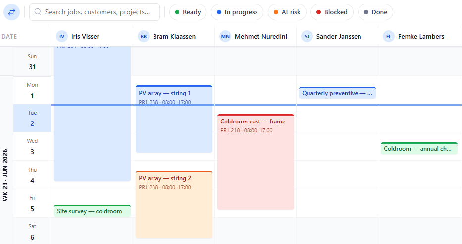 uScheduler P/S/S planning board with project and service orders scheduled across resources