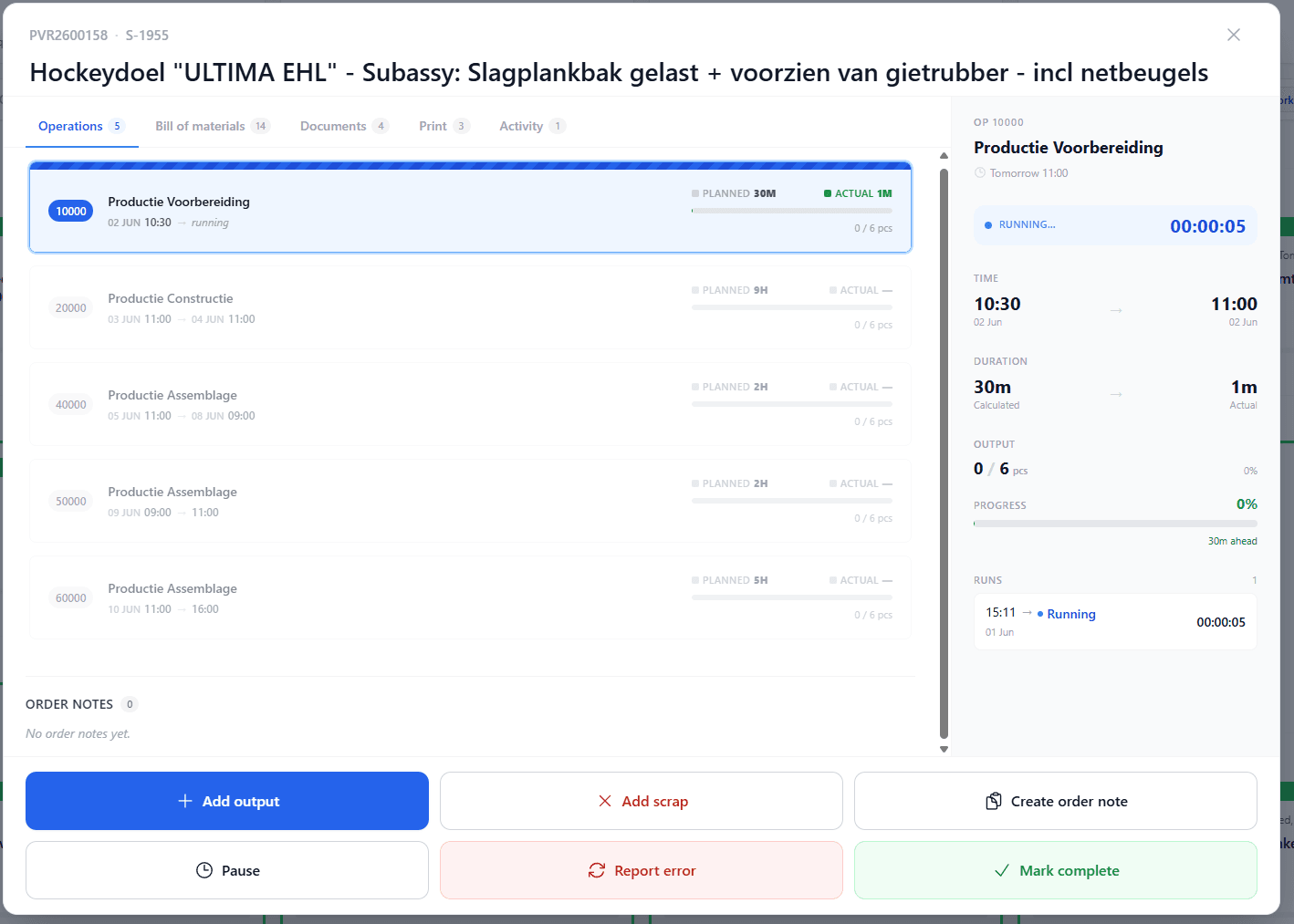 uShopFloor order detail with operation list, live run timer and output actions